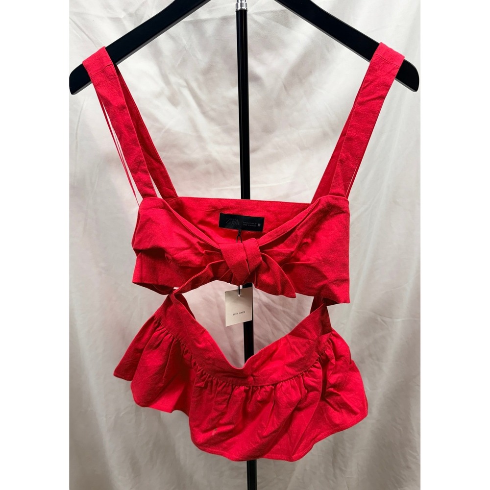 Zara New Women's M Magenta Linen Blend Bow Front Feminine Cut-Out Peplum Top